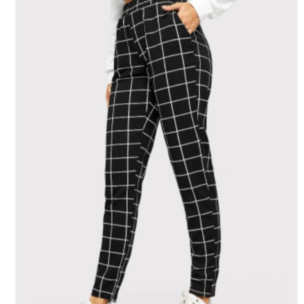 SHEIN Elastic Waist Slant Pocket Grid Pants